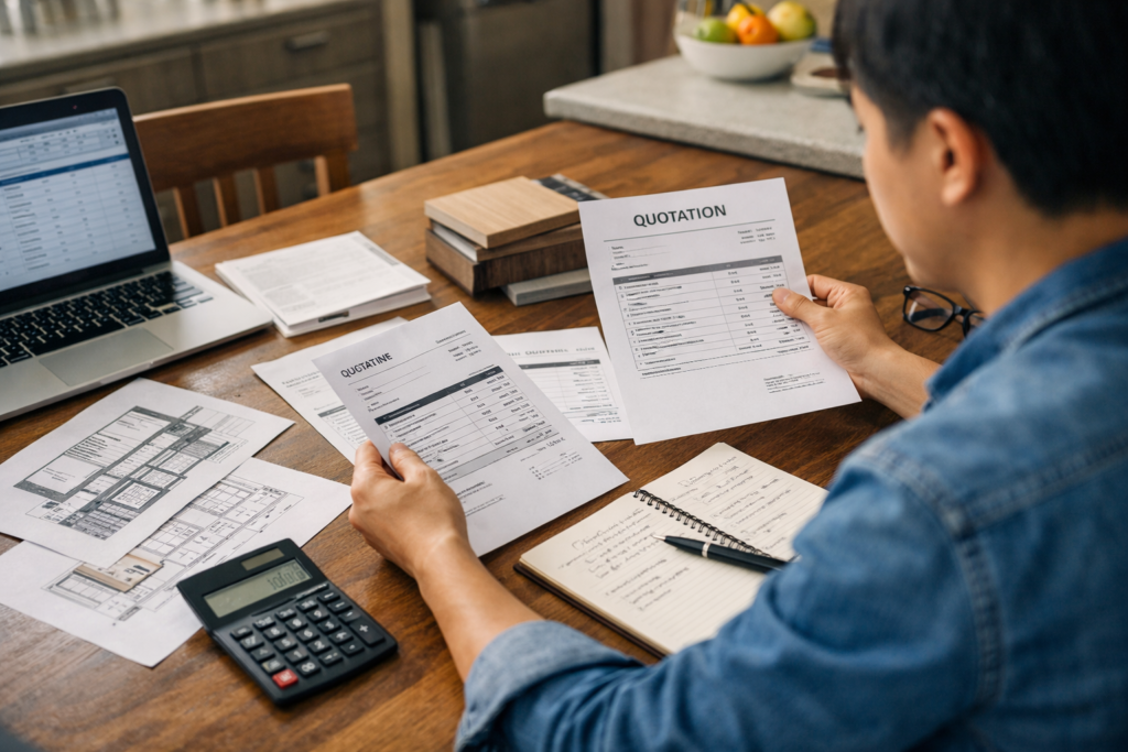  homeowner comparing renovation quotations and shortlisting vendors after home expo malaysia
